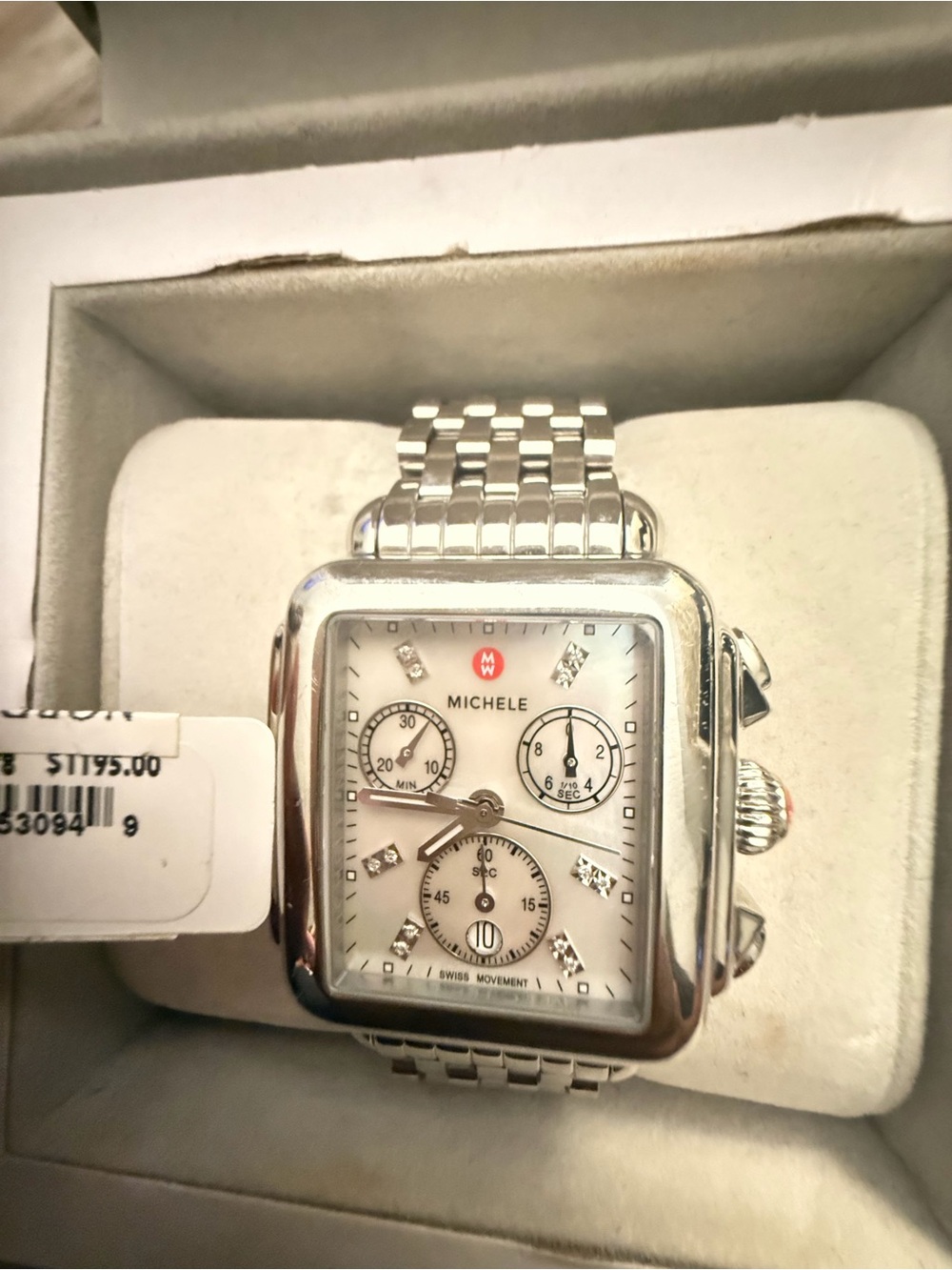 Michele Silver-Tone Square Chronograph Watch with Diamond Accents